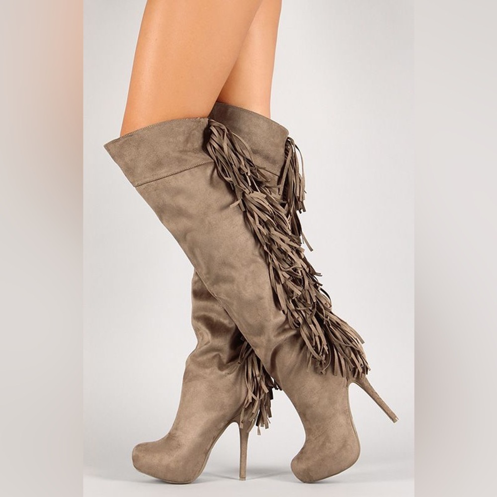 Fringe Suede Knee-High Stiletto Boots in Taupe